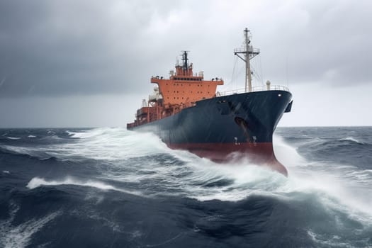 A rugged cargo ship navigates through a stormy sea, braving huge waves, lightning, and rain. The ship appears strong and resilient, as it battles through the elements. Despite the harsh conditions, the crew on board work diligently to keep the ship on course. (generative AI)