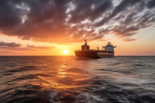 A majestic cargo ship sails across the open sea, its enormous hull plowing through the waves as the sun sets in a dramatic display of colors. The ship carries vital supplies and goods, a symbol of the global economy and trade. (generative AI)