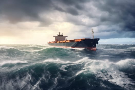 A massive cargo ship braves the rough seas of a stormy ocean, its decks heaving and creaking with every wave. The ship's design is imposing and industrial, with towering cranes and stacks of cargo containers. Despite the danger, the crew of the ship remain calm and professional. (generative AI)