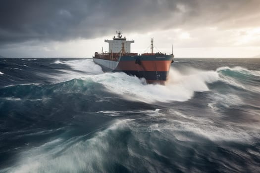 A tough cargo ship battles through rough seas during a ferocious storm, its powerful engines and sturdy frame making it one of the safest transports for hauling goods across the high seas. The ship's industrial design boasts a rugged beauty that is both awe-inspiring and practical. (generative AI)
