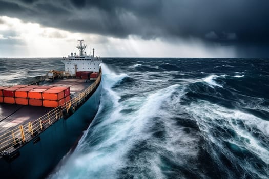 In the midst of a treacherous sea storm, a massive cargo ship battles the elements to deliver its precious cargo safely to port. The tempestuous waves toss the ship around like a toy, while lightning streaks through the sky and thunder booms ominously in the distance. (generative AI)