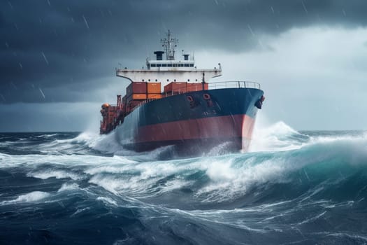 A tough cargo ship battles through rough seas during a ferocious storm, its powerful engines and sturdy frame making it one of the safest transports for hauling goods across the high seas. The ship's industrial design boasts a rugged beauty that is both awe-inspiring and practical. (generative AI)