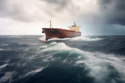 A massive cargo ship braves the rough seas of a stormy ocean, its decks heaving and creaking with every wave. The ship's design is imposing and industrial, with towering cranes and stacks of cargo containers. Despite the danger, the crew of the ship remain calm and professional. (generative AI)