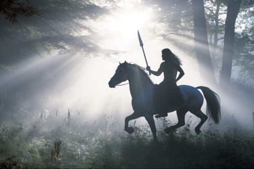 The centaur, a mythological creature with the upper body of a human and lower body of a horse, is galloping through a misty meadow, wielding a shining sword. The contrast between the dark and misty meadow and the shining armor of the centaur creates a majestic and breathtaking scene, while the epic and heroic presence of the centaur adds a sense of excitement and adventure. (generative AI)