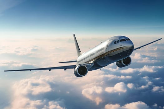 A majestic commercial airliner flies high above the clouds, its massive engines roaring with power as it carries its passengers to destinations around the world. Inside, the cabin is comfortable and modern, with all the amenities passengers need for a stress-free flight. (generative AI)