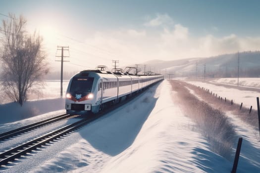 A sleek commuter train speeds through a wintry landscape, its powerful engines propelling it forward over a blanket of snow. The train carries passengers to their destinations, offering a comfortable and efficient mode of transportation in a beautiful natural setting. (generative AI)