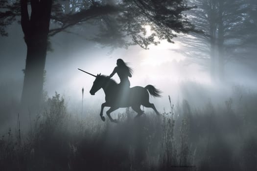 The centaur, a mythological creature with the upper body of a human and lower body of a horse, is galloping through a misty meadow, wielding a shining sword. The contrast between the dark and misty meadow and the shining armor of the centaur creates a majestic and breathtaking scene, while the epic and heroic presence of the centaur adds a sense of excitement and adventure. (generative AI)