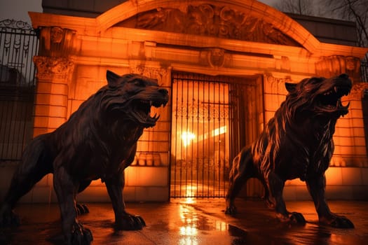 Cerberus is a mythical three-headed dog that guards the gates of the underworld. This infernal creature can be seen snarling and baring its sharp teeth, its eyes glowing with an ominous red light. The fiery lighting, dramatic shadows, and gothic vibe only add to the macabre atmosphere of the scene. (generative AI)