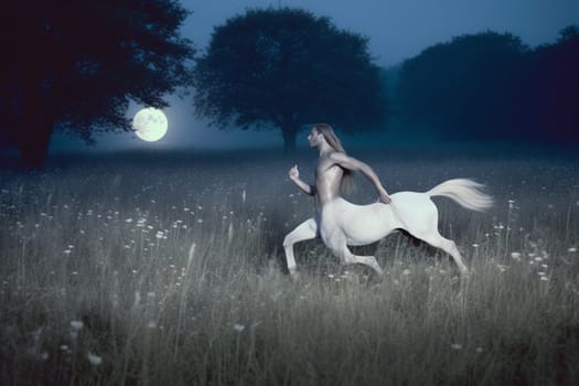 A creature from Greek mythology, the centaur is half-human and half-horse. In this dreamy scene, a centaur runs through a meadow in the light of a full moon, creating an ethereal and mystical display of otherworldly beauty. (generative AI)