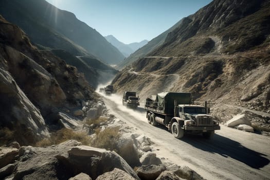 A group of military trucks makes its way carefully along a rocky, treacherous mountain route, the drivers constantly on the lookout for danger. The trucks are heavily armored, with mounted machine guns and other weaponry at the ready. (generative AI)