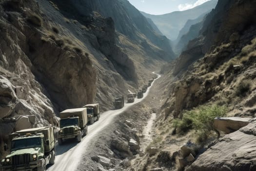 A group of military trucks makes its way carefully along a rocky, treacherous mountain route, the drivers constantly on the lookout for danger. The trucks are heavily armored, with mounted machine guns and other weaponry at the ready. (generative AI)