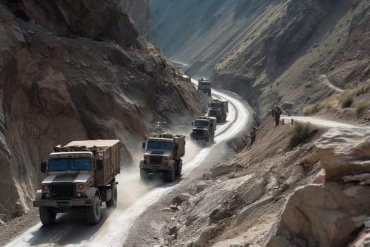 A group of military trucks makes its way carefully along a rocky, treacherous mountain route, the drivers constantly on the lookout for danger. The trucks are heavily armored, with mounted machine guns and other weaponry at the ready. (generative AI)