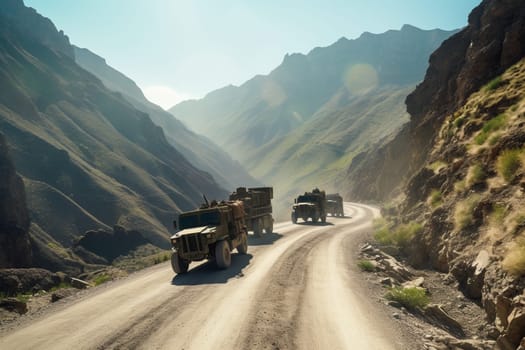 A fleet of military vehicles, ranging from trucks to tanks, make their way through a treacherous mountain pass. The vehicles are dusty and battle-worn, with camouflaged paint jobs that help them navigate the rough terrain. The soldiers inside are tense and alert, ready for whatever challenges lay ahead. (generative AI)