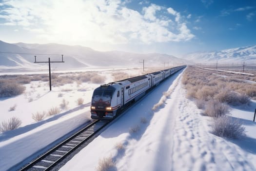 A sleek commuter train speeds through a wintry landscape, its powerful engines propelling it forward over a blanket of snow. The train carries passengers to their destinations, offering a comfortable and efficient mode of transportation in a beautiful natural setting. (generative AI)