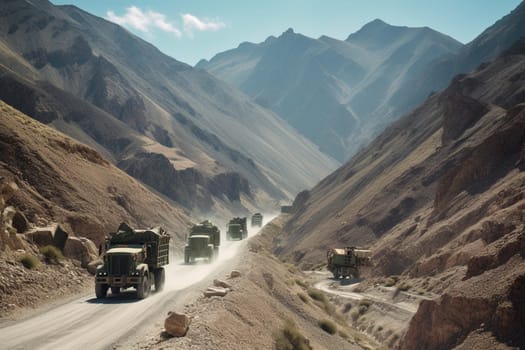 A fleet of military vehicles, ranging from trucks to tanks, make their way through a treacherous mountain pass. The vehicles are dusty and battle-worn, with camouflaged paint jobs that help them navigate the rough terrain. The soldiers inside are tense and alert, ready for whatever challenges lay ahead. (generative AI)
