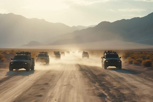 A group of off-road vehicles traverse a rugged desert terrain, their drivers pushing their machines to the limit in pursuit of adventure. The vehicles are battered and dirty, but they keep forging ahead, taking their occupants to stunning vistas and remote locations. (generative AI)