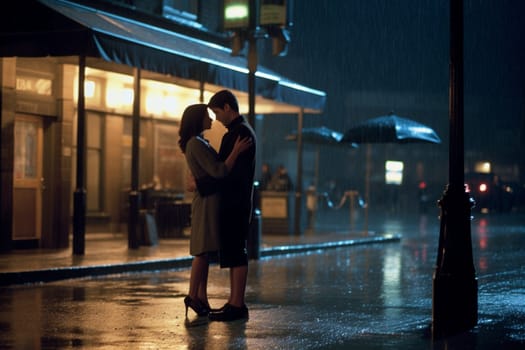 A couple dances in the rain under the light of a streetlamp. The mood is romantic and moody, with the rain adding to the atmosphere of the scene. The reflection of the city lights on the wet pavement creates depth and texture in the scene, evoking feelings of love and connection. (generative AI)