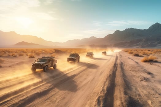 A group of off-road vehicles traverse a rugged desert terrain, their drivers pushing their machines to the limit in pursuit of adventure. The vehicles are battered and dirty, but they keep forging ahead, taking their occupants to stunning vistas and remote locations. (generative AI)