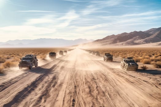 A group of off-road vehicles traverse a rugged desert terrain, their drivers pushing their machines to the limit in pursuit of adventure. The vehicles are battered and dirty, but they keep forging ahead, taking their occupants to stunning vistas and remote locations. (generative AI)