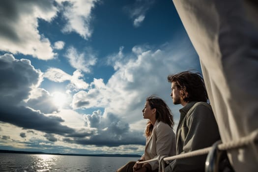 In the middle of the ocean, a couple sits on a sailboat, watching the clouds drift by overhead. The moment is romantic and dreamy, with the wind in their hair and nothing but the sound of the waves around them. This setting can evoke feelings of reflection, adventure, and the beauty of the natural world. (generative AI)