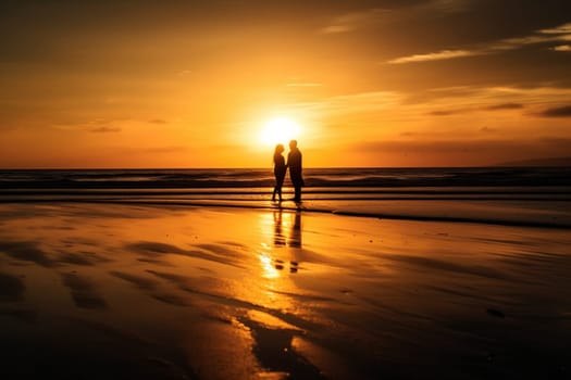 A couple stands alone on a deserted beach, their arms wrapped around each other as the sun sets in a blaze of warm, golden light. The scene is peaceful and serene, with the quiet sound of waves lapping against the shore. The couple is in a state of harmony and love, lost in the beauty of the moment. This scene can evoke feelings of peace, love, and contentment. (generative AI)