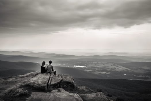 The couple sits together on the mountain peak, overlooking the beautiful landscape below. The majesty of the natural world is on full display, with the couple basking in the serene beauty of their surroundings. The monochrome adds to the romantic and peaceful aspect of the scene, creating a sense of unforgettable intimacy in the midst of vast, endless beauty. (generative AI)
