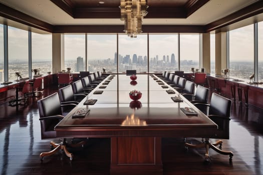 The power players of the business world gather in this sophisticated boardroom, where luxurious furnishings and stunning skyline views set the tone for high-stakes negotiations and strategic planning. Mahogany tables, leather chairs, and other deluxe details evoke an air of understated elegance. (generative AI)