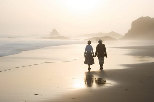 A couple walks hand in hand on a misty beach at dawn, their silhouette casting a soft glow on the sand. The mist creates a dreamy atmosphere, as if they are walking in a world of their own. The sound of the waves crashing on the shore adds to the serenity of the scene. This scene can evoke feelings of love, tranquility, and nostalgia. (generative AI)