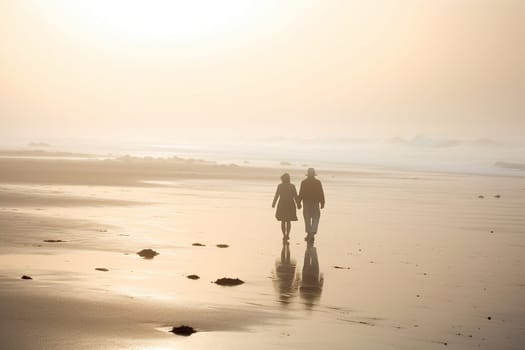 A couple walks hand in hand on a misty beach at dawn, their silhouette casting a soft glow on the sand. The mist creates a dreamy atmosphere, as if they are walking in a world of their own. The sound of the waves crashing on the shore adds to the serenity of the scene. This scene can evoke feelings of love, tranquility, and nostalgia. (generative AI)