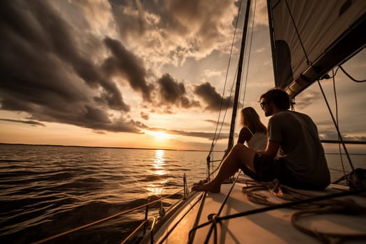 In the middle of the ocean, a couple sits on a sailboat, watching the clouds drift by overhead. The moment is romantic and dreamy, with the wind in their hair and nothing but the sound of the waves around them. This setting can evoke feelings of reflection, adventure, and the beauty of the natural world. (generative AI)