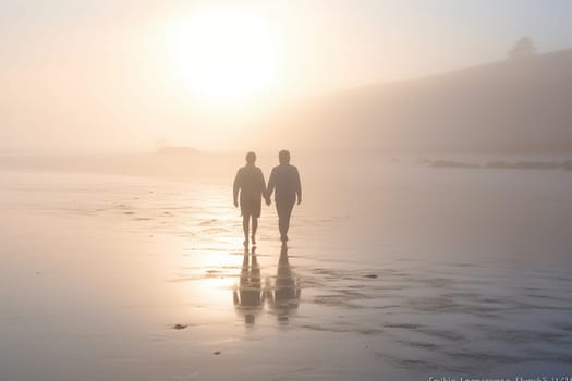 A couple walks hand in hand on a misty beach at dawn, their silhouette casting a soft glow on the sand. The mist creates a dreamy atmosphere, as if they are walking in a world of their own. The sound of the waves crashing on the shore adds to the serenity of the scene. This scene can evoke feelings of love, tranquility, and nostalgia. (generative AI)