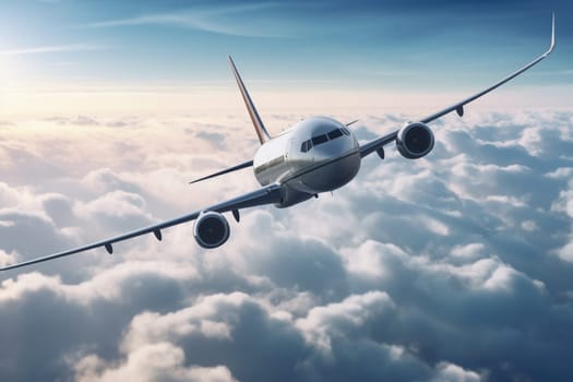 A majestic commercial airliner flies high above the clouds, its massive engines roaring with power as it carries its passengers to destinations around the world. Inside, the cabin is comfortable and modern, with all the amenities passengers need for a stress-free flight. (generative AI)