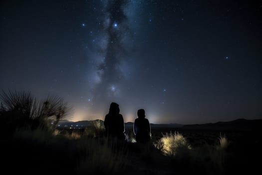 A couple lays on a blanket in the desert, gazing up at the stars and the luminescent Milky Way. The dark and otherworldly setting is made cozy and intimate by the soft light emanating from their surroundings. The dreamy and atmospheric scene creates a romantic atmosphere. (generative AI)