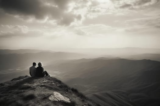 The couple sits together on the mountain peak, overlooking the beautiful landscape below. The majesty of the natural world is on full display, with the couple basking in the serene beauty of their surroundings. The monochrome adds to the romantic and peaceful aspect of the scene, creating a sense of unforgettable intimacy in the midst of vast, endless beauty. (generative AI)