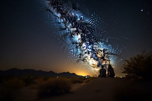 A couple lays on a blanket in the desert, gazing up at the stars and the luminescent Milky Way. The dark and otherworldly setting is made cozy and intimate by the soft light emanating from their surroundings. The dreamy and atmospheric scene creates a romantic atmosphere. (generative AI)