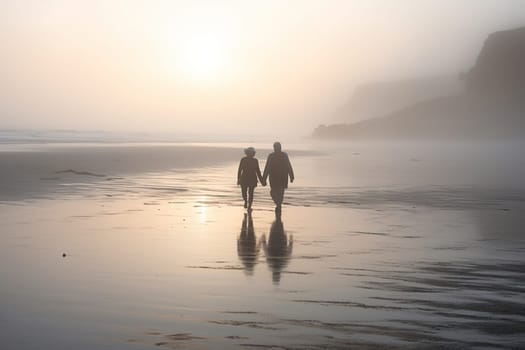 A couple walks hand in hand on a misty beach at dawn, their silhouette casting a soft glow on the sand. The mist creates a dreamy atmosphere, as if they are walking in a world of their own. The sound of the waves crashing on the shore adds to the serenity of the scene. This scene can evoke feelings of love, tranquility, and nostalgia. (generative AI)