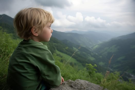 A child sits, lost in thought, as they gaze out over the vast and mountainous landscape before them. The natural and serene atmosphere captures the essence of contemplation and introspection, inducing a sense of peace and reflection. This scene is perfect for those looking to explore their curiosity and inner thoughts. (generative AI)
