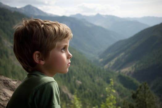 A child sits, lost in thought, as they gaze out over the vast and mountainous landscape before them. The natural and serene atmosphere captures the essence of contemplation and introspection, inducing a sense of peace and reflection. This scene is perfect for those looking to explore their curiosity and inner thoughts. (generative AI)