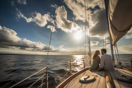 In the middle of the ocean, a couple sits on a sailboat, watching the clouds drift by overhead. The moment is romantic and dreamy, with the wind in their hair and nothing but the sound of the waves around them. This setting can evoke feelings of reflection, adventure, and the beauty of the natural world. (generative AI)