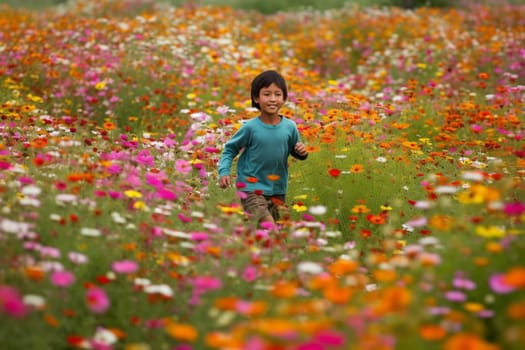 A child runs through a lush field of vibrant and colorful flowers, their laughter ringing out across the countryside. The scene is happy and playful, with the beauty of nature captured in every bloom. This scene can evoke feelings of innocence, joy, and playfulness. (generative AI)