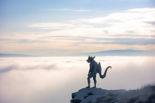 The chimaera is a legendary creature with the body of a lion, the head of a goat, and the tail of a serpent. This creature can be seen standing guard atop a cliff overlooking a sea of clouds, its body bathed in the soft tones of the sky. The dramatic angles and high contrast give the photograph a mythical and otherworldly feel. (generative AI)
