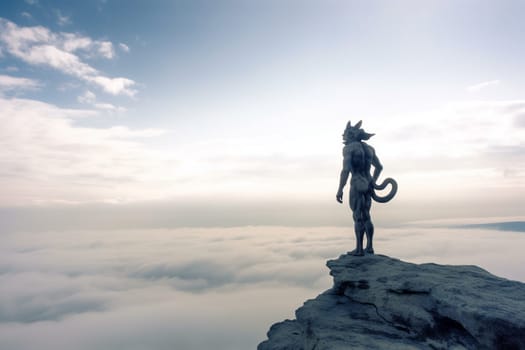 The chimaera is a legendary creature with the body of a lion, the head of a goat, and the tail of a serpent. This creature can be seen standing guard atop a cliff overlooking a sea of clouds, its body bathed in the soft tones of the sky. The dramatic angles and high contrast give the photograph a mythical and otherworldly feel. (generative AI)