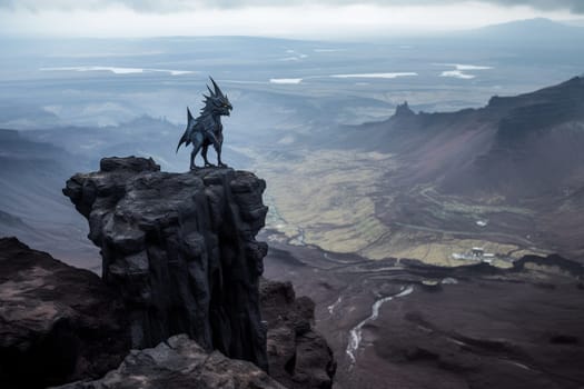 A creature from Greek mythology, the chimera is a monstrous beast with the head of a lion, the body of a goat, and the tail of a serpent. In this dramatic scene, the chimera perches on a rocky outcropping overlooking a volcanic landscape, creating a terrifying and epic display of power and destruction. (generative AI)