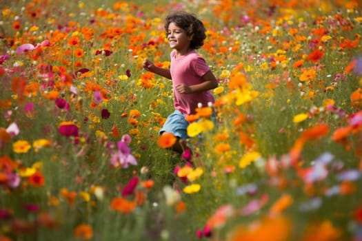 A child runs through a lush field of vibrant and colorful flowers, their laughter ringing out across the countryside. The scene is happy and playful, with the beauty of nature captured in every bloom. This scene can evoke feelings of innocence, joy, and playfulness. (generative AI)