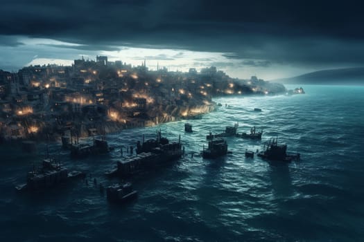 This city was built on the ocean and like its origin from the ruins of an ancient civilization it has a mysterious and moody atmosphere. The photorealistic style of this black and white scene, featuring dramatic lighting and sharp focus, adds a sense of rawness and grandeur to its haunting appearance. (generative AI)