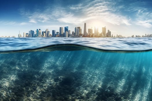 This coastal city, built on the ocean, features towering skyscrapers that are beautifully reflected in the crystal-clear water below. The dynamic angle and photorealistic style capture the high contrast and clear reflections of this stunning cityscape. (generative AI)