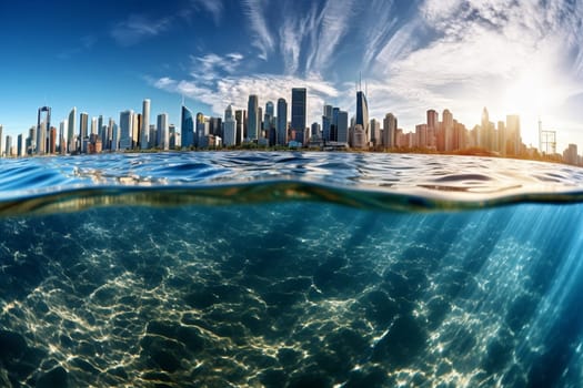 This coastal city, built on the ocean, features towering skyscrapers that are beautifully reflected in the crystal-clear water below. The dynamic angle and photorealistic style capture the high contrast and clear reflections of this stunning cityscape. (generative AI)
