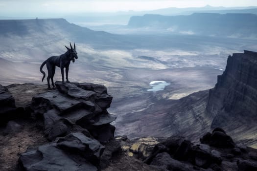 A creature from Greek mythology, the chimera is a monstrous beast with the head of a lion, the body of a goat, and the tail of a serpent. In this dramatic scene, the chimera perches on a rocky outcropping overlooking a volcanic landscape, creating a terrifying and epic display of power and destruction. (generative AI)