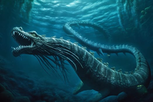 The colossal sea serpent slithers through the dark depths of the ocean, its otherworldly form illuminated by bioluminescent creatures. The scene is both eerie and magical, evoking a sense of mystery and wonder. (generative AI)