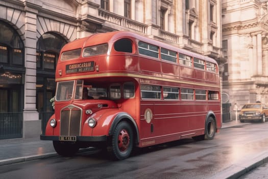 A classic red double-decker bus makes its way through the bustling streets of London, its iconic design and charming character a favorite of both locals and tourists. The bus's open top offers a unique view of the city's historic landmarks, making it a fun and practical mode of transportation. (generative AI)